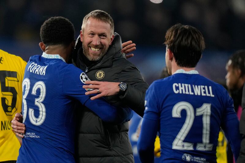 Chelsea manager Graham Potter celebrates after the end of the Champions League round of 16 against Borussia Dortmund at Stamford Bridge. AP