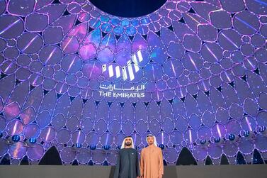 Sheikh Mohamed Bin Rashid and Sheikh Mohamed bin Zayed open Al Wasl Plaza at the Expo 2020 site. 