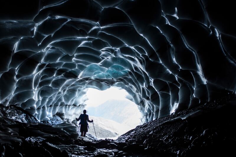 A glacier cave at the Sardona glacier in Vaettis, Switzerland, which was revealed after glacial ice melted. AP