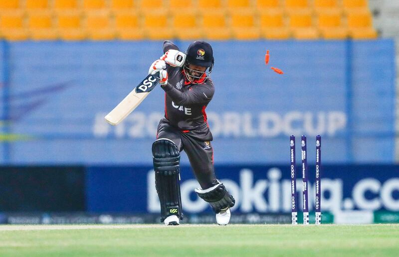 Abu Dhabi, United Arab Emirates, October 27, 2019.  
T20 UAE v Canada-AUH-
Rameez Shazad of UAE gets bowled.

Victor Besa/The National
Section:  SP
Reporter:  Paul Radley