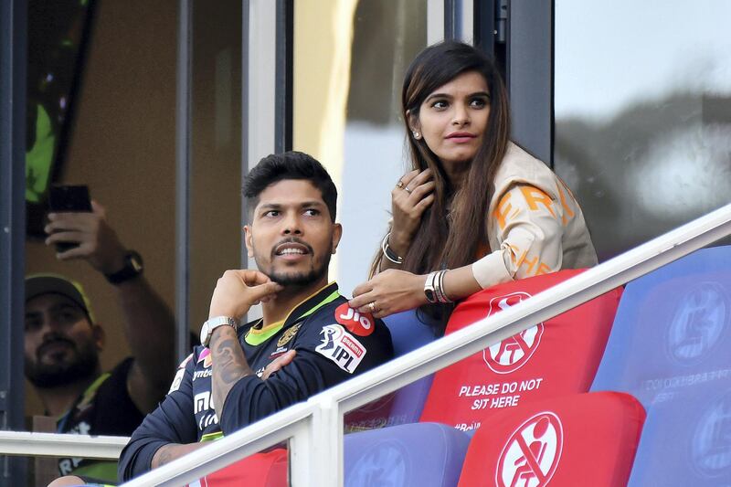 RCB player Umesh Yadav and his wife Tanya Wadhwa during match 44 of season 13 of the Dream 11 Indian Premier League (IPL) between the Royal Challengers Bangalore and the Chennai Super Kings held at the Dubai International Cricket Stadium, Dubai in the United Arab Emirates on the 25th October 2020.  Photo by: Samuel Rajkumar  / Sportzpics for BCCI