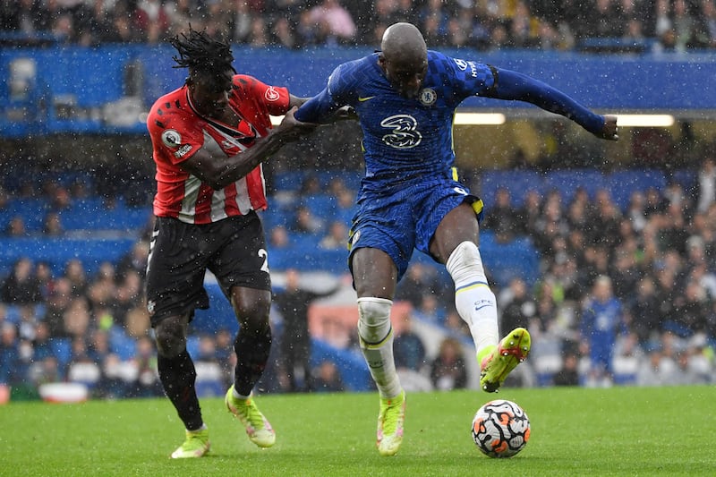 Chelsea striker Romelu Lukaku backheels the ball. AFP