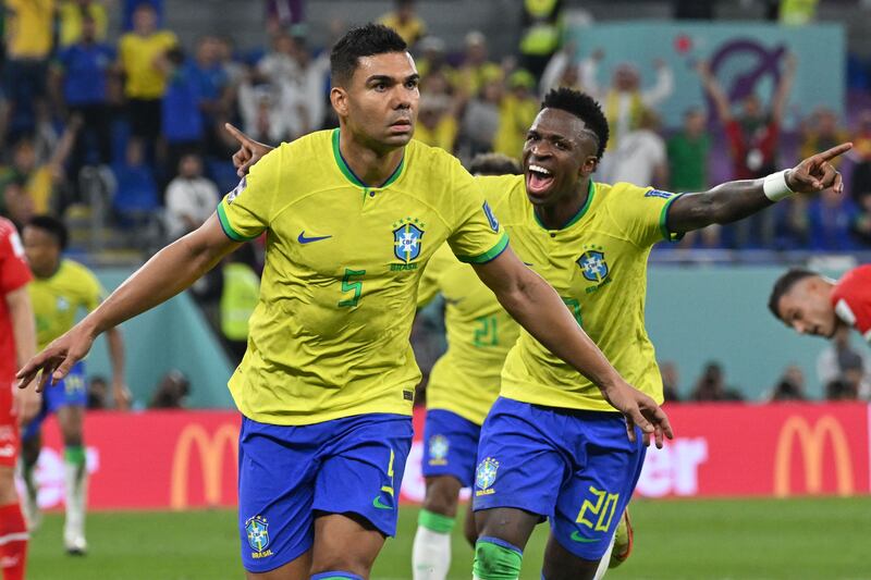 Brazil midfielder Casemiro celebrates after scoring the only goal of the World Cup group-stage game against Switzerland at Stadium 974 in Doha, on November 28, 2022.  AFP