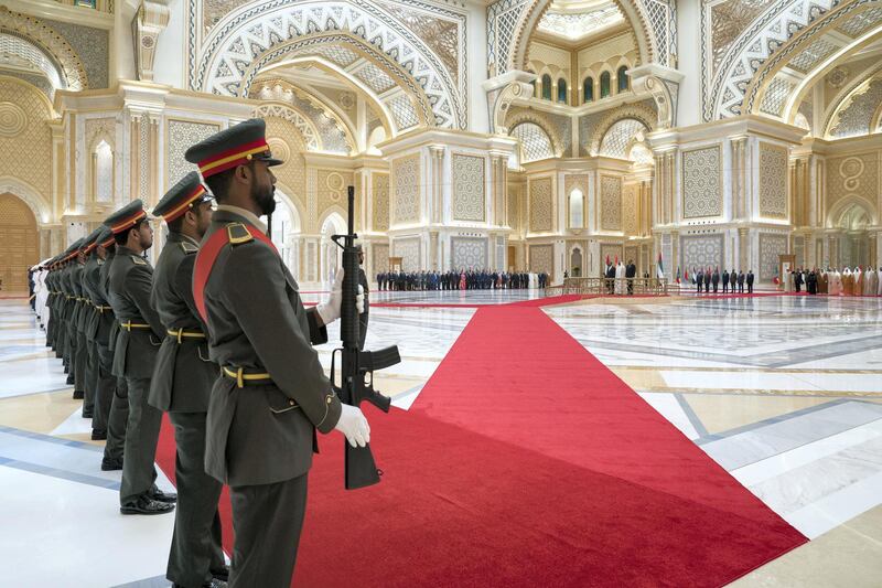 ABU DHABI, UNITED ARAB EMIRATES - July 24, 2018: HE Dr Abiy Ahmed, Prime Minister of Ethiopia (centre L), HH Sheikh Mohamed bin Zayed Al Nahyan, Crown Prince of Abu Dhabi and Deputy Supreme Commander of the UAE Armed Forces (centre C) and HE Isaias Afwerki, President of Eritrea (centre R) stand for a national anthem, during a reception at the Presidential Palace. 

( Mohamed Al Hammadi / Crown Prince Court - Abu Dhabi )
---