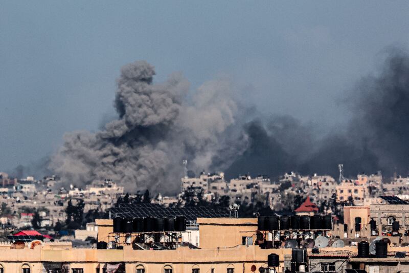Smoke fills the sky during Israeli bombardment of Khan Younis, in the south of the Gaza Strip. AFP