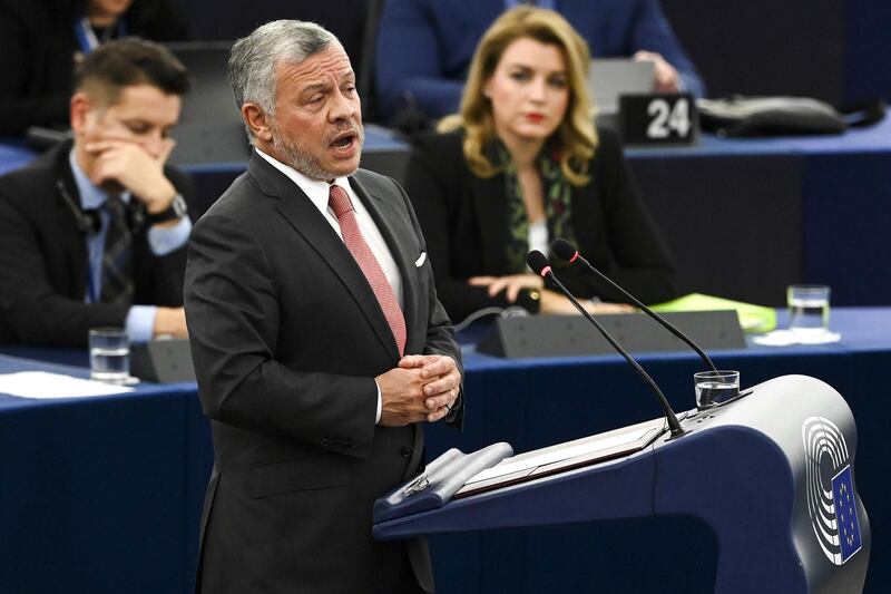 Jordanian King Abdullah II gestures as he delivers a speech at the European Parliament, on January 15, 2020, in Strasbourg, eastern France. / AFP / Frederick FLORIN
