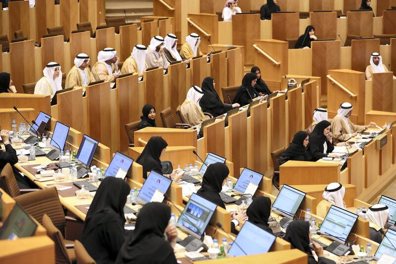 ABU DHABI , UNITED ARAB EMIRATES , Nov 14 – 2019 :-  FNC members during the first meeting of the Federal National Council session held at FNC office in Abu Dhabi. ( Pawan Singh / The National )  For News. Story by Haneen