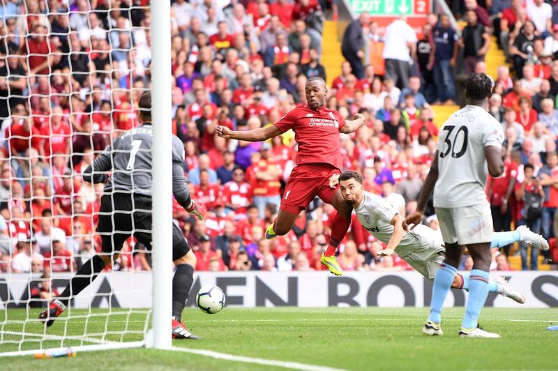 LIVERPOOL, ENGLAND - AUGUST 12:  Daniel Sturridge of Liverpool scores his team's fourth goal during the Premier League match between Liverpool FC and West Ham United at Anfield on August 12, 2018 in Liverpool, United Kingdom.  (Photo by Laurence Griffiths/Getty Images)