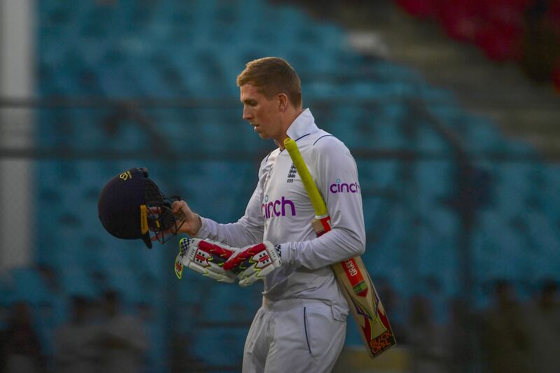 England's Zak Crawley after his dismissal by Pakistan's Abrar Ahmed. AFP
