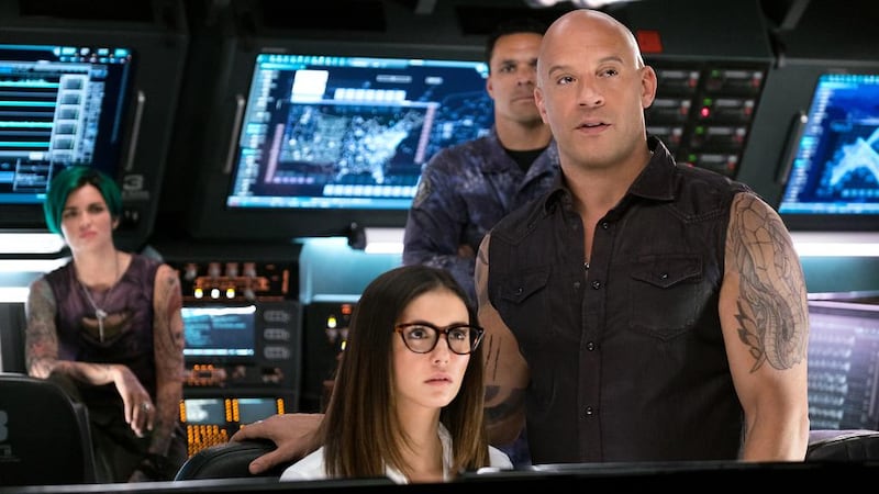 From left, Ruby Rose as Adele Yusef, Nina Dobrev as Rebecca Clearidge, Tony Gonzalez as Paul Donovan and Vin Diesel as Xander Cage in xXx: Return of the Xander Cage. Photo by George Kraychyk