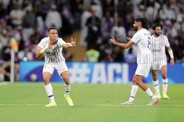 Al Ain's Soufiane Rahimi scores during the 1st leg of the AFC Champions League quarter-final between Al Ain and Al Nassr. Hazza Bin Zayed Stadium, Al Ain. Chris Whiteoak / The National