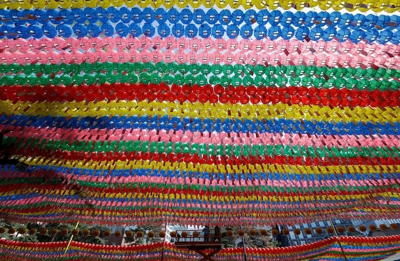 Workers check lanterns in preparation for the upcoming celebration of Buddha's birthday at the Jogye temple in Seoul, South Korea. Lee Jin-man / AP Photo