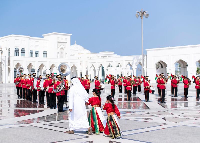 ABU DHABI, UNITED ARAB EMIRATES. 2 DECEMBER 2019. 
Abu Dhabi’s Police band at UAE’s National Day celebrations at Qasr Al Watan.
(Photo: Reem Mohammed/The National)

Reporter:
Section: