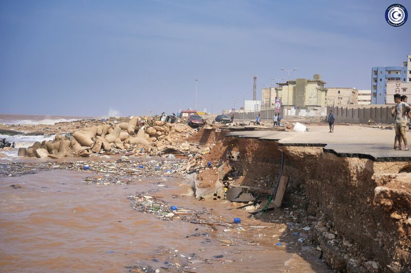 A seaside road collapsed after heavy flooding caused by Storm Daniel in Derna. AP