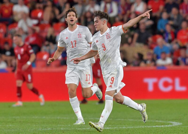 Gavi celebrates after scoring for Spain against Czech Republic. AFP