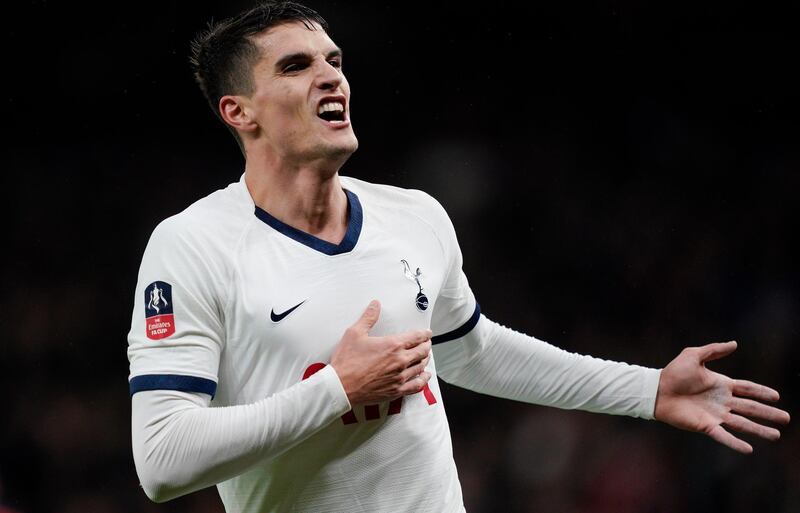 epa08128666 Tottenham's Erik Lamela celebrates after scoring during the FA Cup third round soccer match between Tottenham and Middlesborough at Tottenham Hotspur Stadium, London, Britain, 14 January 2020. 
No use with unauthorized audio, video, data, fixture lists, club/league logos or 'live' services. Online in-match use limited to 120 images, no video emulation. No use in betting, games or single club/league/player publications  EPA/WILL OLIVER