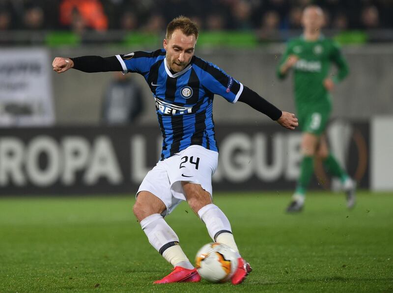 Inter Milan's Christian Eriksen from Denmark shoots the ball during the UEFA Europa League round of 32 first leg football match between PFC Ludogorets 1945 and Inter Milan at the Ludogorets Arena in Razgrad, Bulgaria, on February 20, 2020. / AFP / NIKOLAY DOYCHINOV
