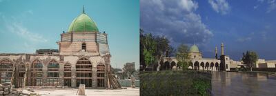 Left, the current state of Al Nuri mosque; right, its rendering in virtual reality before its destruction. Photo: Qaf Labs