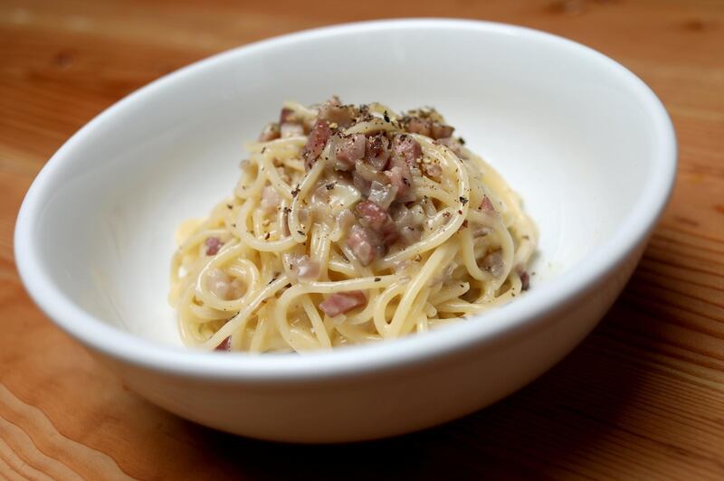 OAKLAND, CA - DECEMBER 04: The spaghetti carbonara, smoked pancetta, egg yolk, black pepper, pecorino and grana is photographed at Benchmark Oakland in Oakland, Calif., on Tuesday, Dec. 4, 2018. Benchmark Pizzeria owners Melissa and Peter Swanson have expanded from their first location in Kensington with Benchmark Oakland along Ninth Street in Old Oakland.  (Photo by Anda Chu/Digital First Media/East Bay Times via Getty Images)
