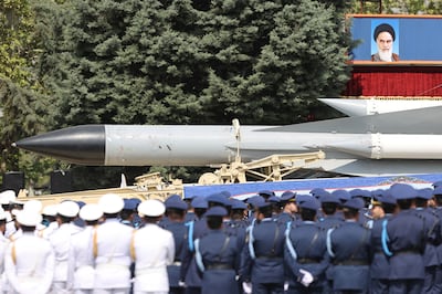 An Iranian missile is seen during the National Army Day parade ceremony in Tehran, Iran, April 17. Reuters