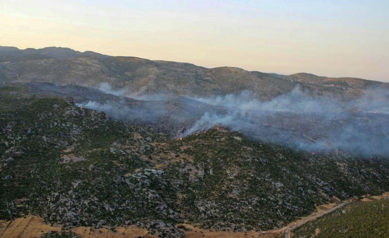 A handout picture released by the official Syrian Arab News Agency (SANA) shows smoke billows from fire in al-Hayluna village, in the western countryside of Syria's Hama governorate.   AFP