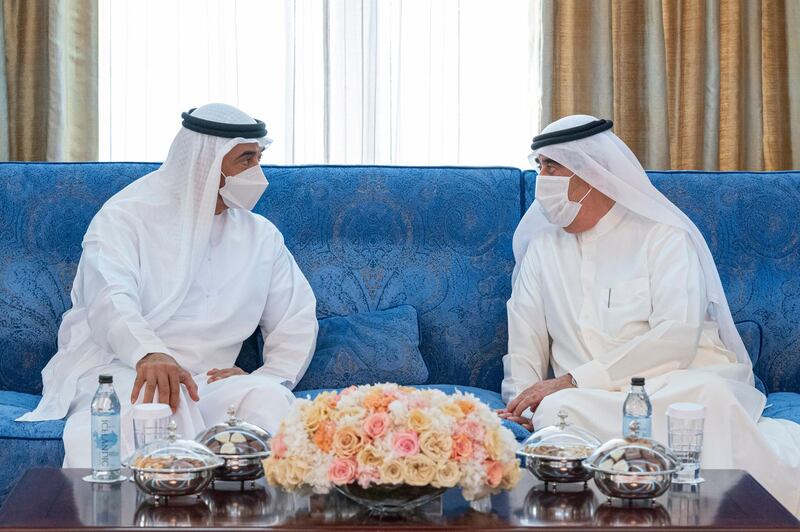 UMM AL QUWAIN, UNITED ARAB EMIRATES - May 15, 2021: HH Sheikh Mohamed bin Zayed Al Nahyan, Crown Prince of Abu Dhabi and Deputy Supreme Commander of the UAE Armed Forces (L), exchanges Eid greetings with HH Sheikh Saud bin Rashid Al Mu'alla, UAE Supreme Council Member and Ruler of Umm Al Quwain (R). 

( Hamad Al Kaabi / Ministry of Presidential Affairs )​
---