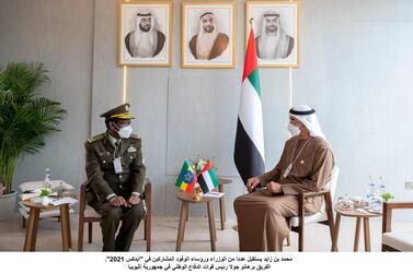 Sheikh Mohamed bin Zayed, Crown Prince of Abu Dhabi and Deputy Supreme Commander of the UAE Armed Forces, meets with Lt Gen Birhanu Jula, chief of staff of Ethiopia, during the 2021 International Defence Exhibition. WAM