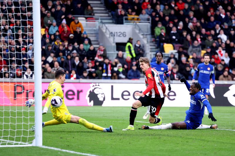 Mads Roerslev of Brentford scores his team's first goal. Getty Images