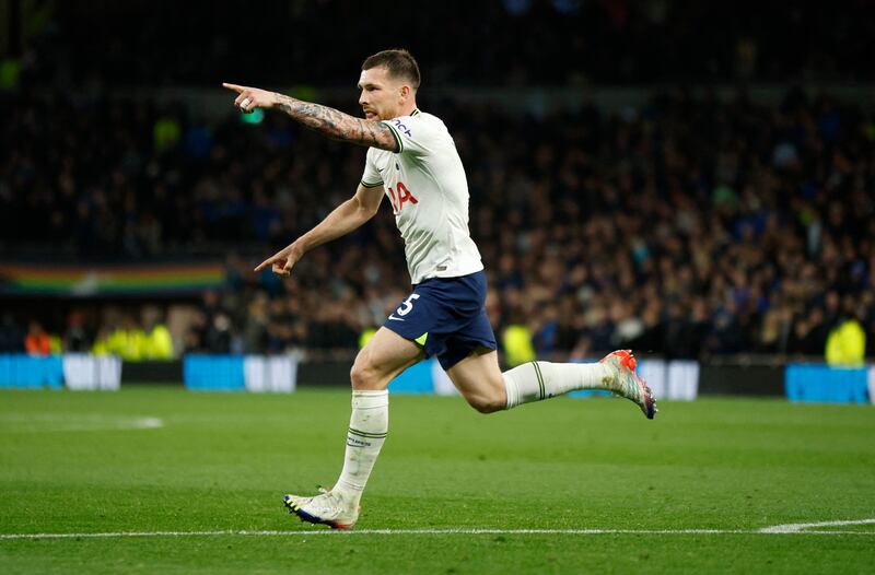 Pierre-Emile Hojbjerg celebrates scoring Tottenham's second goal. Action Images