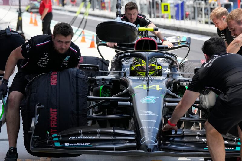 Mercedes driver Lewis Hamilton of Britain makes a pit stop during the third practice session of the Formula One Miami Grand Prix on May 6, 2023. AP