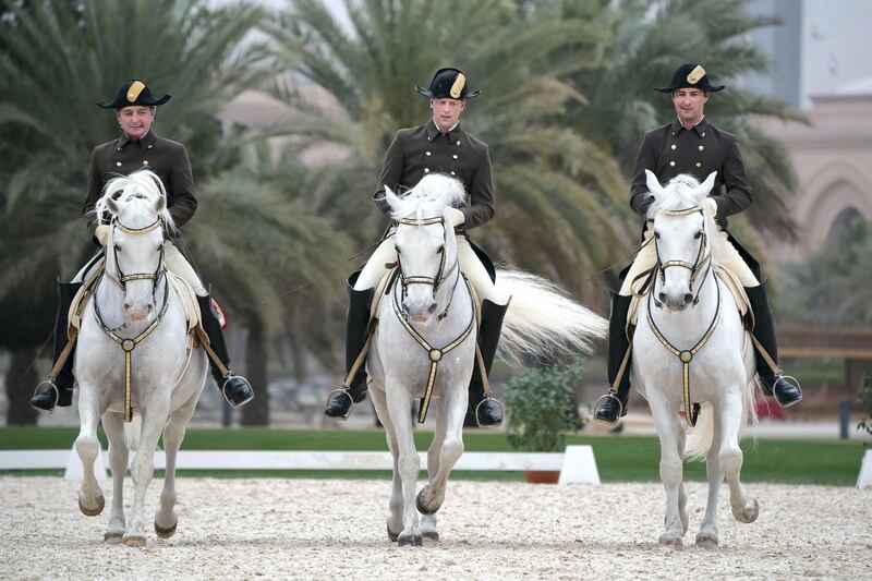 ABU DHABI, UNITED ARAB EMIRATES - March 23, 2019: Riders from the Spanish Riding School of Vienna, perform during a live equestrian show at Emirates Palace.

( Ryan Carter / Ministry of Presidential Affairs )
---