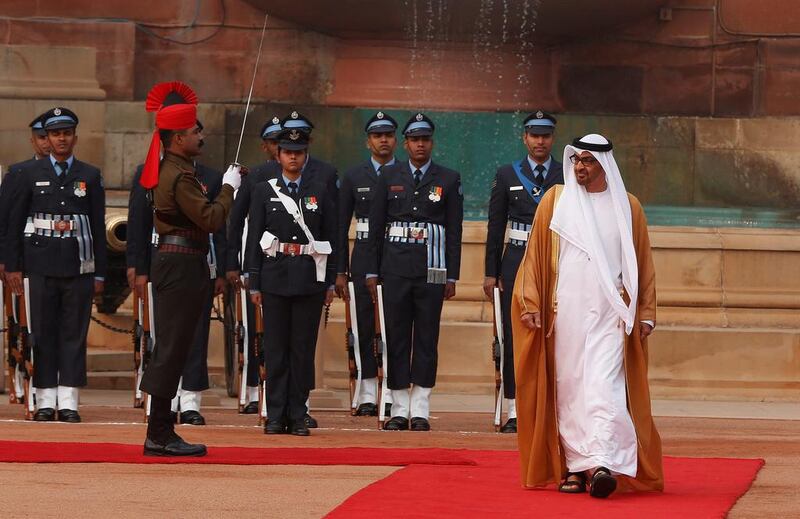 Sheikh Mohammed bin Zayed, Crown Prince of Abu Dhabi and Deputy Supreme Commander of the Armed Forces, is welcomed to India’s Rashtrapati Bhavan presidential palace with a ceremonial reception in the forecourt in New Delhi, India. Adnan Abidi / Reuters