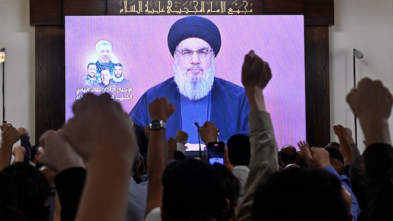 Hezbollah leader Hassan Nasrallah delivers a speech in a suburb outside Beirut in Lebanon earlier in the week. EPA