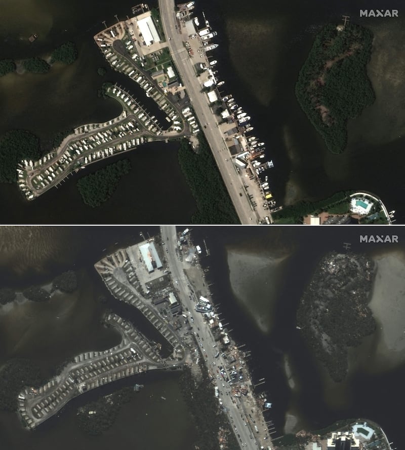 A combination of satellite images from Maxar Technologies shows San Carlos Boulevard in Fort Myers Beach, Florida, on August 17, top, and after Hurricane Ian, bottom, on September 30. AFP