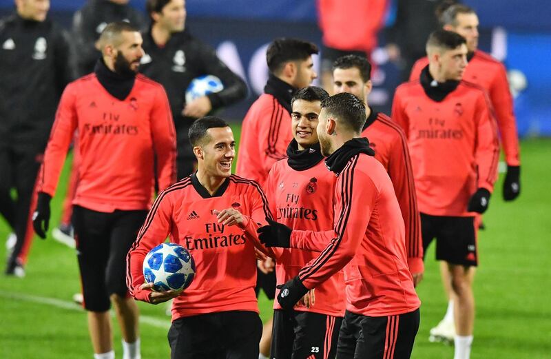 Real Madrid players take part in a training session on the eve of their Uefa Champions League match against Viktoria Plzen. AFP