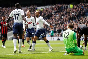Soccer Football - Premier League - Tottenham Hotspur v Huddersfield Town - Tottenham Hotspur Stadium, London, Britain - April 13, 2019 Tottenham's Lucas Moura celebrates scoring their second goal with Moussa Sissoko Action Images via Reuters/Matthew Childs EDITORIAL USE ONLY. No use with unauthorized audio, video, data, fixture lists, club/league logos or 'live' services. Online in-match use limited to 75 images, no video emulation. No use in betting, games or single club/league/player publications. Please contact your account representative for further details.
