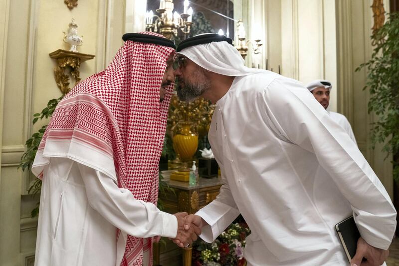 RIYADH, SAUDI ARABIA - April 16, 2019: HH Major General Sheikh Khaled bin Mohamed bin Zayed Al Nahyan, Deputy National Security Adviser (R) greets HM King Salman Bin Abdulaziz Al Saud of Saudi Arabia and Custodian of the Two Holy Mosques (L), at Irqah Palace.

( Mohamed Al Hammadi / Ministry of Presidential Affairs )
---