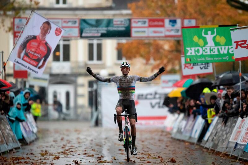 Dutch rider Mathieu Van Der Poel celebrates after winning the men's elite race at the Jaarmarktcross cyclo-cross cycling event in Niel, on Monday, November 11, 2019. AFP