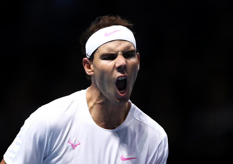Nadal celebrates in his match against Stefanos Tsitsipas of Greece in the group stages. Despite his victory he was knocked out before the semi-finals. Getty