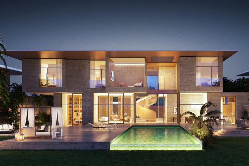 Night-time rendering of a mansion at Meraas’ Bvlgari Residences on Jumeirah Bay Island. Photo: Meraas