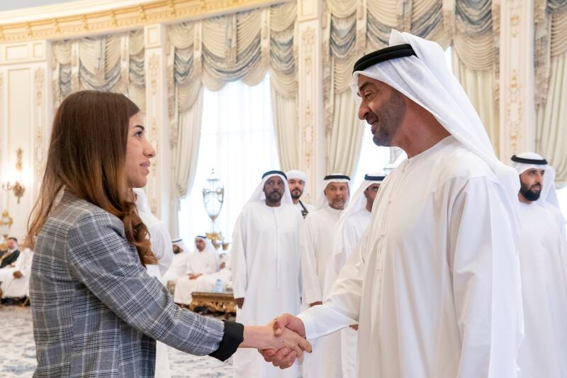 ABU DHABI, UNITED ARAB EMIRATES - September 02, 2019: HH Sheikh Mohamed bin Zayed Al Nahyan, Crown Prince of Abu Dhabi and Deputy Supreme Commander of the UAE Armed Forces (R) receives with Nadia Murad, Goodwill Ambassador for the United Nations (L), during a Sea Palace barza. 

( Rashed Al Mansoori / Ministry of Presidential Affairs )
---