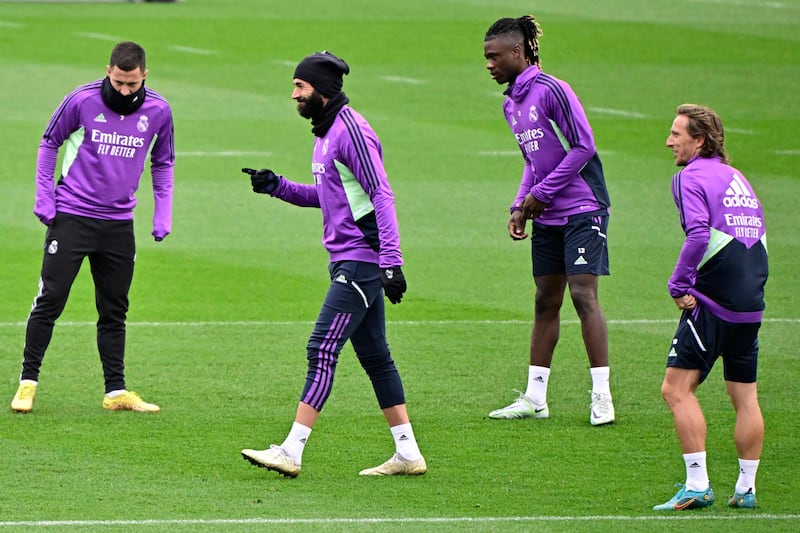From left: Real Madrid's Eden Hazard, Karim Benzema, Eduardo Camavinga and Luka Modric attend a training session on Thursday. AFP