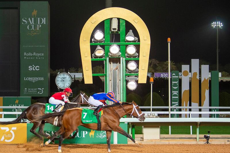 Jockey Luis Saez guides Maximum Security to victory in the inaugural $20 million (Dh74m) Saudi Cup in Riyadh, on Saturday, February 29. AFP