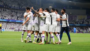 Al Ain's hat-trick hero Soufiane Rahimi celebrates with teammates after scoring against Al Hilal. Photo: Al Ain FC