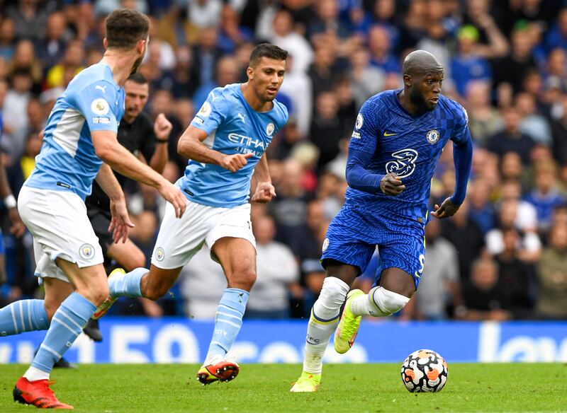 Chelsea's Romelu Lukaku on the attack against Manchester City. EPA