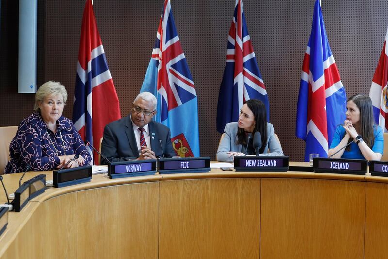 The Prime Minister of Norway Erna Solberg, left, the Prime Minister of Fiji Frank Bainimarama, second from left, the Prime Minister of New Zealand Jacinda Ardern, second from right, and the Prime Minister of Iceland Katrin Jakobsdottir participate in a press event at U.N. headquarters. The countries were announcing a new initiative on climate change and trade. AP Photo