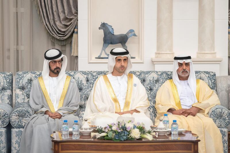 ABU DHABI, UNITED ARAB EMIRATES - August 21, 2018: (L-R) HH Sheikh Khalifa bin Tahnoon bin Mohamed Al Nahyan, Director of the Martyrs' Families' Affairs Office of the Abu Dhabi Crown Prince Court, HH Sheikh Saif bin Rashid Al Mualla and HH Sheikh Nahyan bin Mubarak Al Nahyan, UAE Minister of State for Tolerance, attend an Eid Al Adha reception at Mushrif Palace. 

(Rashed Al Mansoori / Crown Prince Court - Abu Dhabi )
---