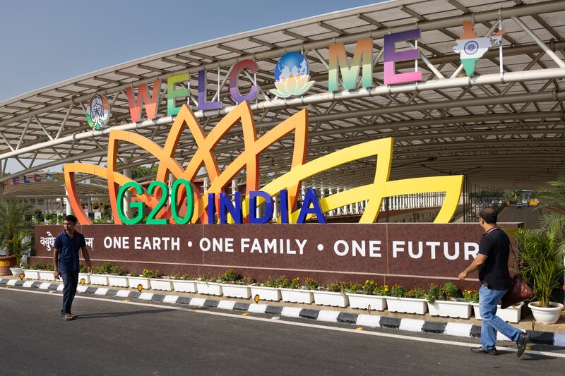 G20 signage welcomes foreign and national visitors in Delhi, India. The 18th G20 summit will take place September 9 - 10, 2023. Getty Images