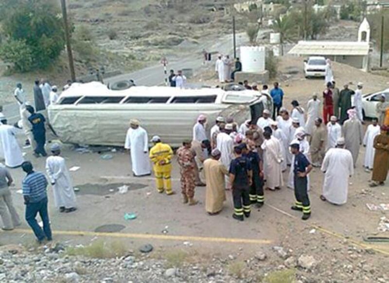 Eight people including two Emiratis were killed in the early hours of June 15, 2017 when the bus they were travelling in collided with a trailer lorry in central Oman. Saleh Al-Shaibany for The National