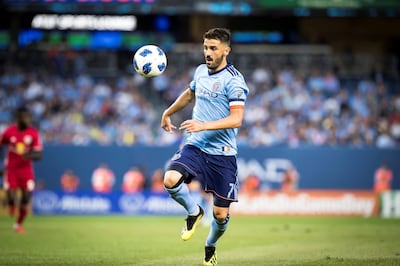 BRONX, NY - AUGUST 22: David Villa #7 of New York City keeps the ball in front of him during the Major League Soccer New York Derby match between New York City FC and New York Red Bulls at Yankee Stadium on August 22, 2018 in the Bronx borough of New York. The game ended in a tie of 1 to 1. (Photo by Ira L. Black/Corbis via Getty Images)